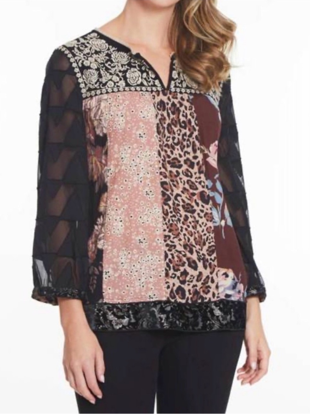 JOHN MARK Mix Media Patchwork Floral Embroidered Long Sleeve Blouse Top Multi M